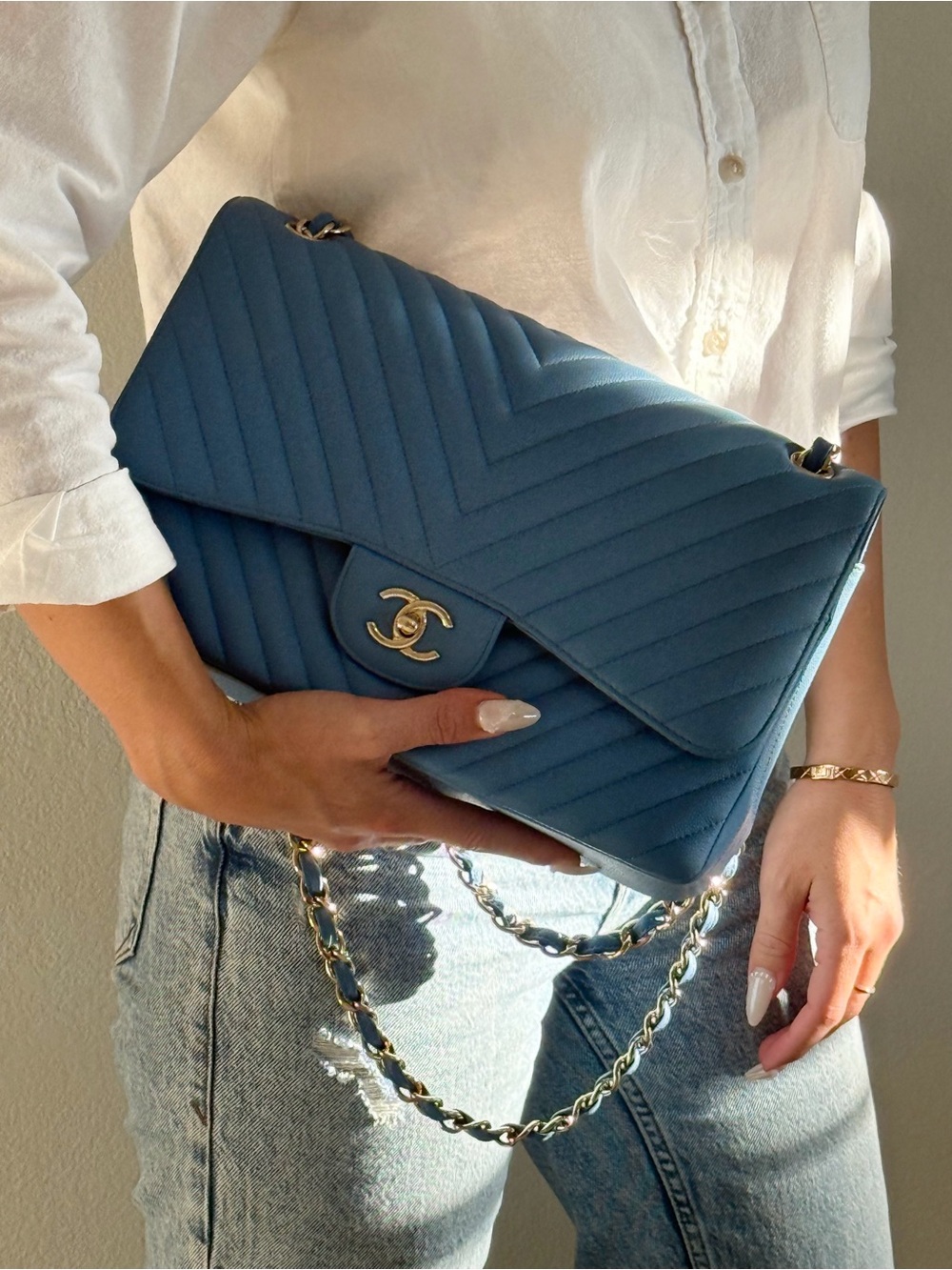 CHANEL Jumbo Blue Chevron Quilted Flap Bag with Gold Hardware